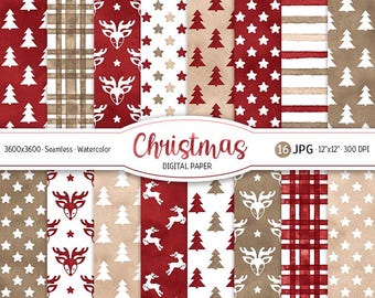 Country Christmas Digital Paper Pack Watercolor Holiday Seamless Pattern Christmas Tree Background Cute Woodland Printable Scrapbook Paper