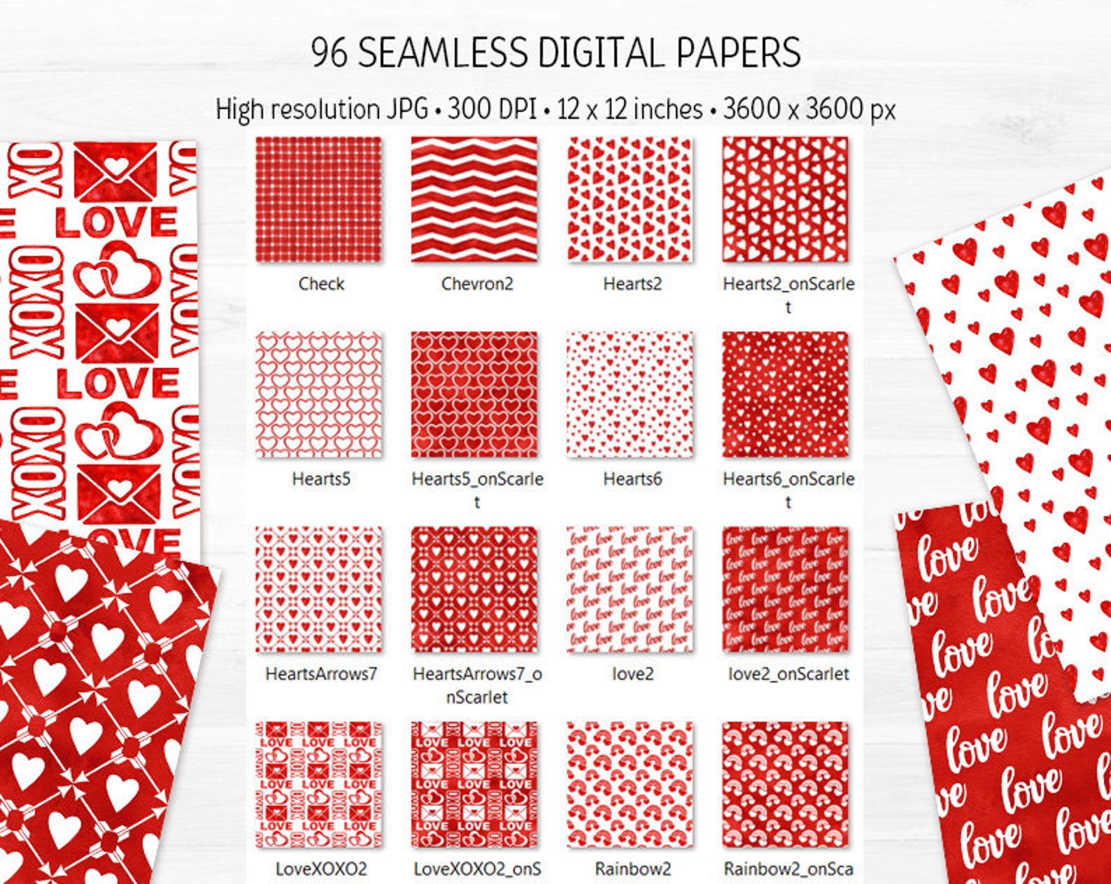 Red White Valentine Day Digital Paper Bundle Watercolor Love Seamless ...