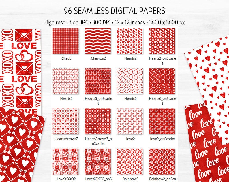 Red White Valentine Day Digital Paper Bundle Watercolor Love Seamless ...
