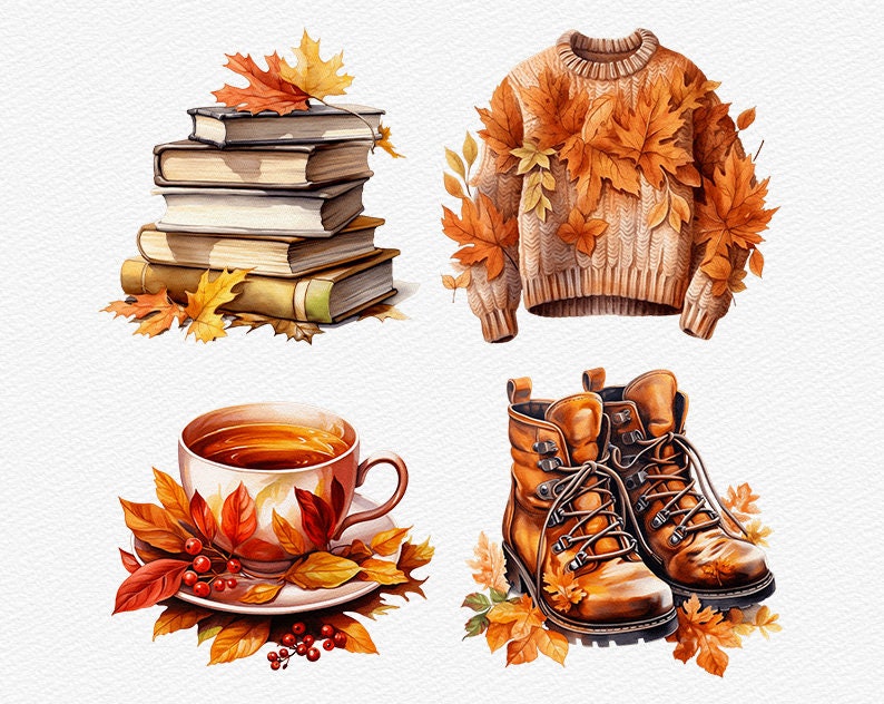 Cozy Autumn Watercolor Clipart Fall PNG Graphics Falling Leaves Girl ...
