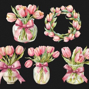 Pink Tulip Clipart, Watercolor Flowers Clipart, Scrapbooking Clipart ...