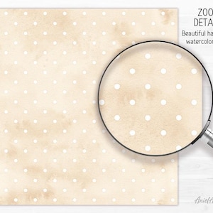 Puede incluir: Un patr&oacute;n de papel digital sin costuras con un fondo beige y lunares blancos. El patr&oacute;n est&aacute; dibujado a mano en estilo acuarela.