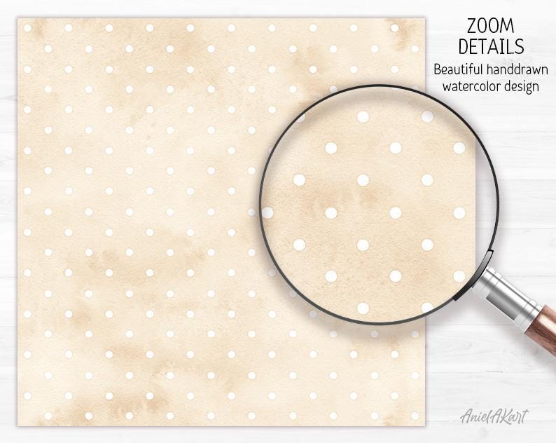 Puede incluir: Un patr&oacute;n de papel digital sin costuras con un fondo beige y lunares blancos. El patr&oacute;n est&aacute; dibujado a mano en estilo acuarela.