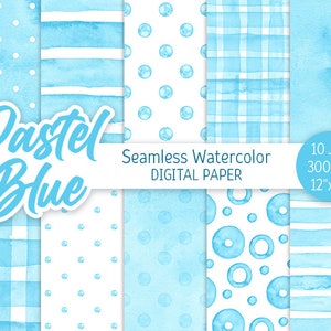 Blu pastello Senza cuciture Motivo ad acquerello Pois Digital Paper Pack Stampabile Scrapbooking Carta Acquerello Strisce azzurro 12x12 JPEG