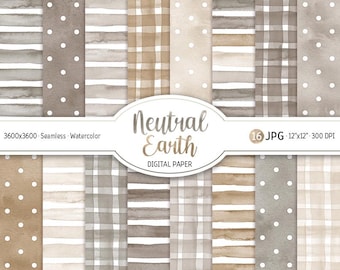Akvarell neutral jord digitalt papperspaket Cottagecore sömlöst mönster prickigt boho utskrivbart scrapbookpapper ränder bakgrund gingham