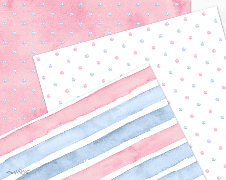 Blush Pink and Blue Seamless Pattern Watercolor Polka Dot Digital Paper ...