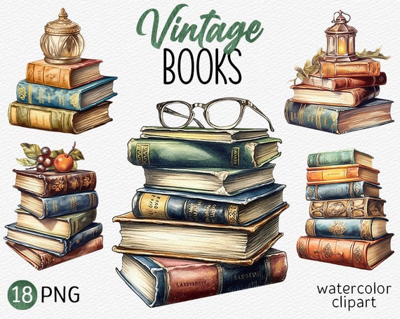Watercolor Vintage Books Clipart Pack Old Book PNG bundle book stack PNG Antique Book Cozy Reading clip art Instant Download Commercial use
