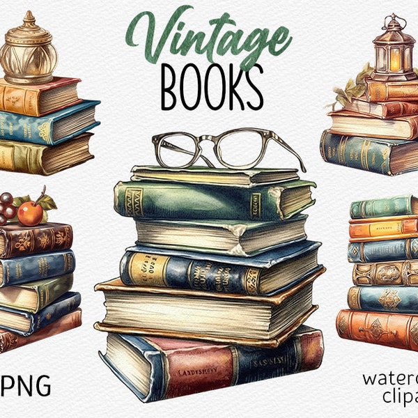 Watercolor Vintage Books Clipart Pack Old Book PNG bundle book stack PNG Antique Book Cozy Reading clip art Instant Download Commercial use