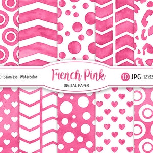 Pacchetto di carta digitale rosa francese Modello senza cuciture coriandoli acquerello Sfondo stampabile Baby shower ragazza Trama leopardo rosa Cuore Chevron