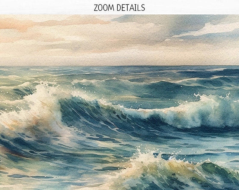 May include: A watercolor painting of a blue ocean with white foamy waves crashing. The sky is a light blue with a few clouds.