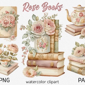 Watercolor Rose Books Clipart Pack Watercolor Book PNG bundle Bookshelf Floral Vintage book stack clip art Flower Reading Commercial use