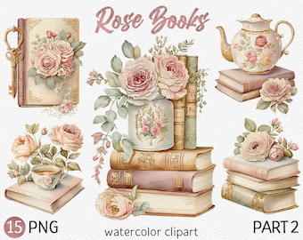 Watercolor Rose Books Clipart Pack Watercolor Book PNG bundle Bookshelf Floral Vintage book stack clip art Flower Reading Commercial use