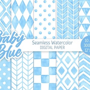 Baby Blau Geometrisches Muster Aquarell Nahtlos Digital Paper Pack Druckbare Polka Dot Chevron Hintergrund Pastell Blau Raute Fischgrät
