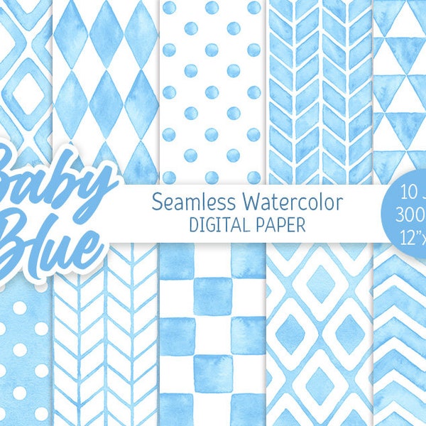 Baby Blue Geometric Pattern Watercolor Seamless Digital Paper Pack Printable Polka dot Chevron background Pastel Blue rhombus herringbone