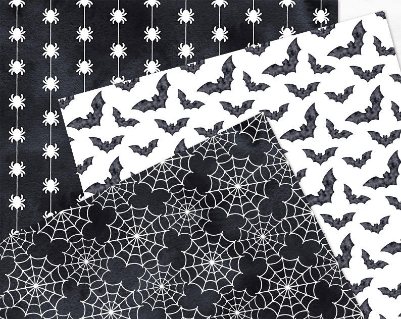 Black & White Halloween Digital Paper Pack Watercolor Seamless - Etsy