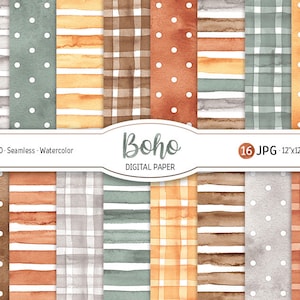 Paquet de papier numérique aquarelle tons bohèmes bohème naturel motif sans couture à pois papier scrapbooking imprimable rayures de fond Vichy