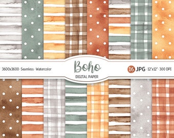 Watercolor Boho Tones Digital Paper Pack Natural Boho Seamless Pattern Polka dot Printable Scrapbooking Paper Stripes background Gingham