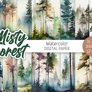 Acquerello Misty Forest Digital Paper Pack Foggy Wood Printable Scrapbooking Paper Pine Trees Summer Landscape sfondo download digitale
