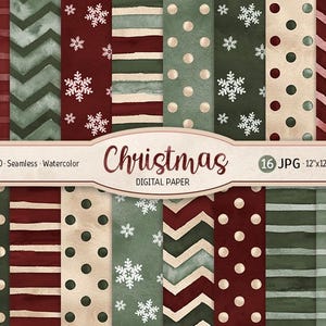 Kerst digitaal papier pakket aquarel sneeuwvlokken naadloos patroon polkadot afdrukbaar scrapbooking papier rode strepen vintage achtergrond