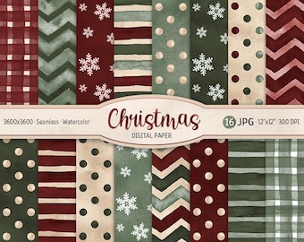 Christmas Digital Paper Pack Watercolor Snowflakes Seamless Pattern Polka Dot Printable Scrapbooking Paper Red Stripes Vintage background