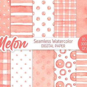 Melone Rosa Senza cuciture Modello ad acquerello Pois Digital Paper Pack Stampabile Sfondo matrimonio Acquerello Strisce Baby shower ragazza texture