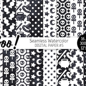 Schwarz & Weiß Halloween Digital Paper Pack Aquarell Nahtloses Muster Druckbares Scrapbook Papier Niedlich Spooky Boo Ghost Skull Web Hintergrund