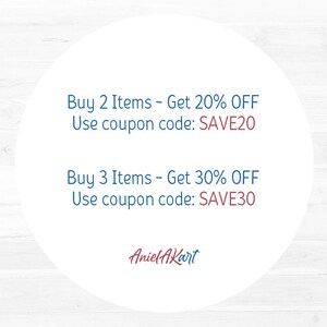 May include: A white circle with blue text on a white wood background. The text reads "Buy 2 Items - Get 20% OFF Use coupon code: SAVE20 Buy 3 Items - Get 30% OFF Use coupon code: SAVE30 Aniel Akart".