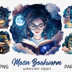 May include: A watercolor illustration of a girl reading a book with a galaxy inside. The girl has long brown hair and is wearing a white sweater. The background is a dark blue sky with stars and a crescent moon. The text "Moon Bookworm" is written in a whimsical font below the image.