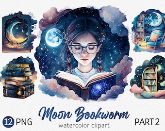 May include: A watercolour illustration of a girl reading a book with a galaxy inside. The girl has long brown hair and is wearing a white sweater. The background is a dark blue sky with stars and a crescent moon. The text "Moon Bookworm" is written in a whimsical font below the image.