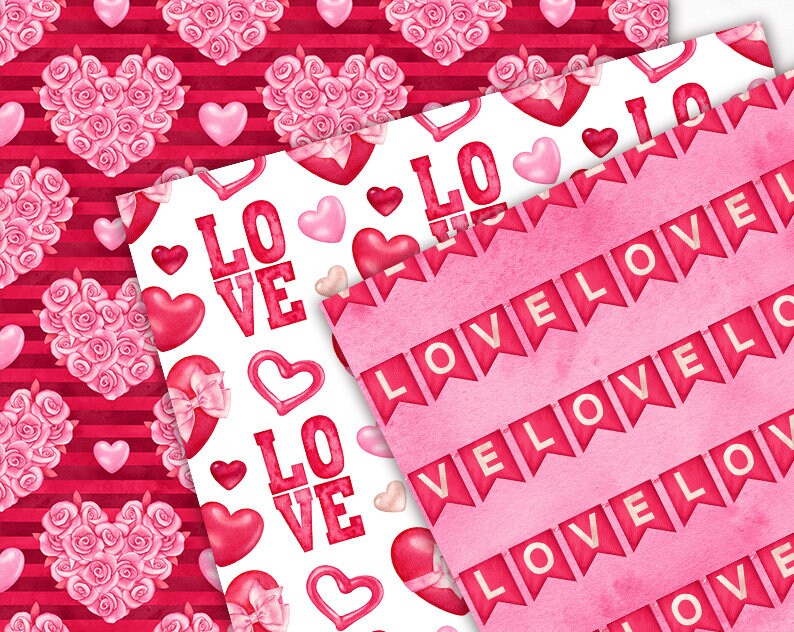 Valentine Day Digital Paper Pack Watercolor Love Seamless Pattern ...