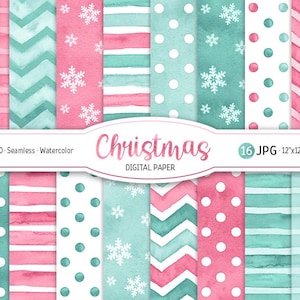 May include: A set of 16 digital papers featuring watercolor patterns in pink and teal. The patterns include polka dots, stripes, plaid, and chevron. The text "Christmas Digital Paper" is included in the image.