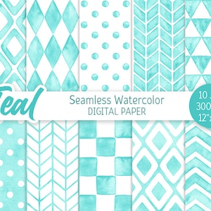 Teal modello geometrico acquerello senza soluzione di continuità carta digitale pacchetto stampabile turchese a pois Chevron Party sfondo rombo triangolo Check