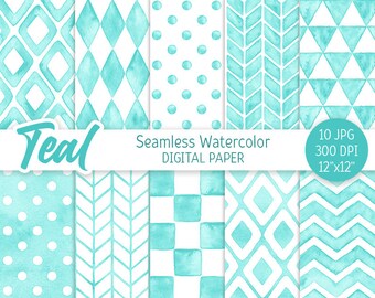 Teal Geometric Pattern Watercolor Seamless Digital Paper Pack Printable Turquoise Polka dot Chevron Party background rhombus triangle Check