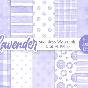 Lavanda Viola Senza cuciture Modello Acquerello Pois Digital Paper Pack Stampabile Sfondo matrimonio Acquerello Strisce Baby shower texture