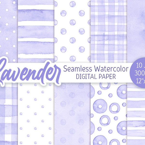 Lavender Purple Seamless Pattern Watercolor Polka Dot Digital Paper Pack Printable Wedding background Watercolor Stripes Baby shower texture