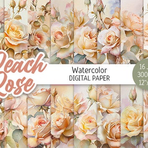 Aquarell Pfirsich Rose Digital Paper Pack Rosa Rose Printable Scrapbooking Papier Sommer floral Frühling Blume Hintergrund Hochzeit Einladung