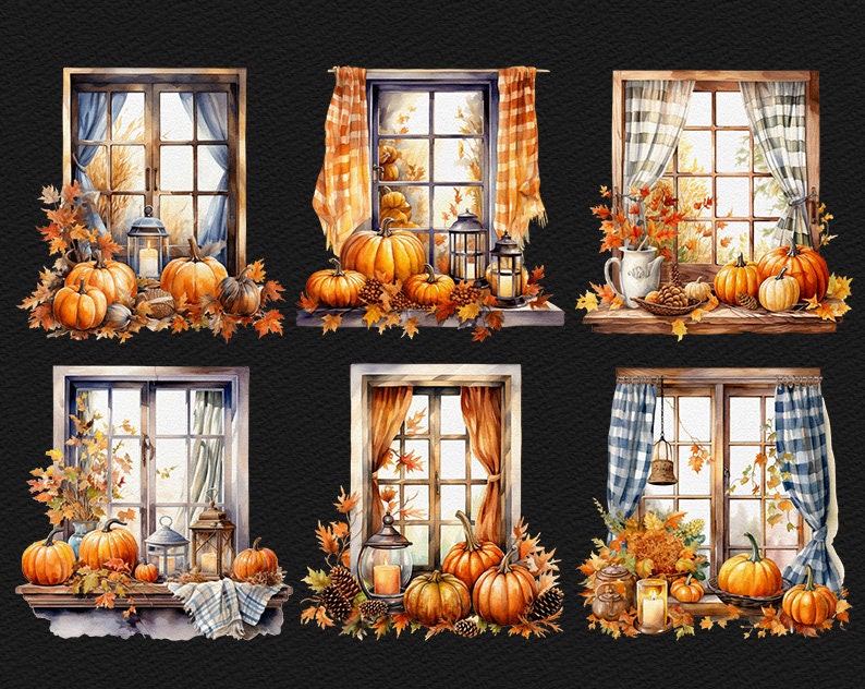 Fall Window Print Watercolor Fall Window Clipart Cozy Autumn PNG Graphics Autumn Leaves ...