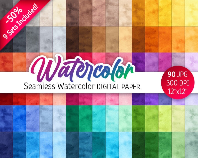 90 Watercolor Texture Digital Paper Pack Bundle Rainbow Background ...