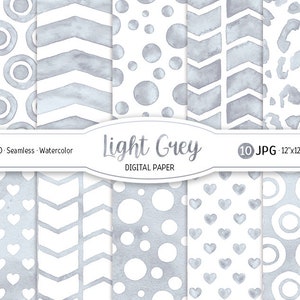 May include: Set of 10 digital papers featuring light gray watercolor patterns. The patterns include circles, hearts, chevrons, and polka dots.
