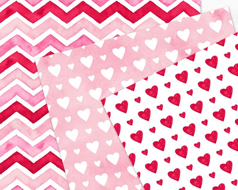 Valentine's Day Digital Paper Pack Watercolor Hearts Seamless Pattern ...