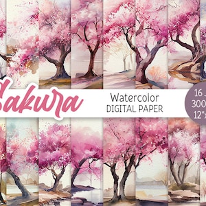 Watercolor Sakura Tree Digital Paper Pack Pink Cherry Blossom Printable Scrapbooking Paper Spring bloom floral flower background Baby shower