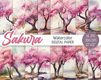 Acuarela Sakura árbol papel Digital paquete rosa flor de cerezo imprimible Scrapbooking papel primavera flor floral flor fondo Baby shower