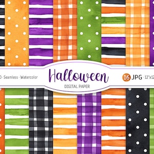Halloween Digital Paper Pack Aquarelle Polka Dot Seamless Pattern Imprimable Scrapbooking Papier Vichy Automne décor Stripe Automne fond