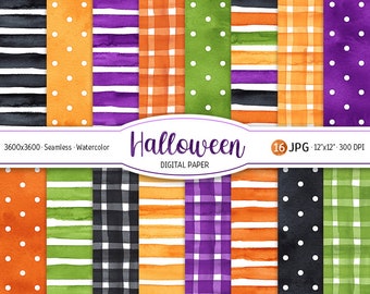 May include: Set of 16 digital papers featuring Halloween themed patterns in orange, green, purple, black and white. The patterns include polka dots, stripes, and plaid.