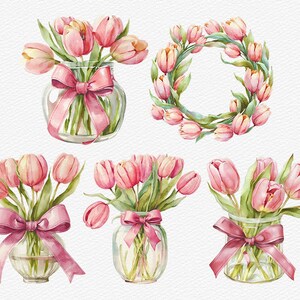 Pink Tulip Clipart, Watercolor Flowers Clipart, Scrapbooking Clipart ...