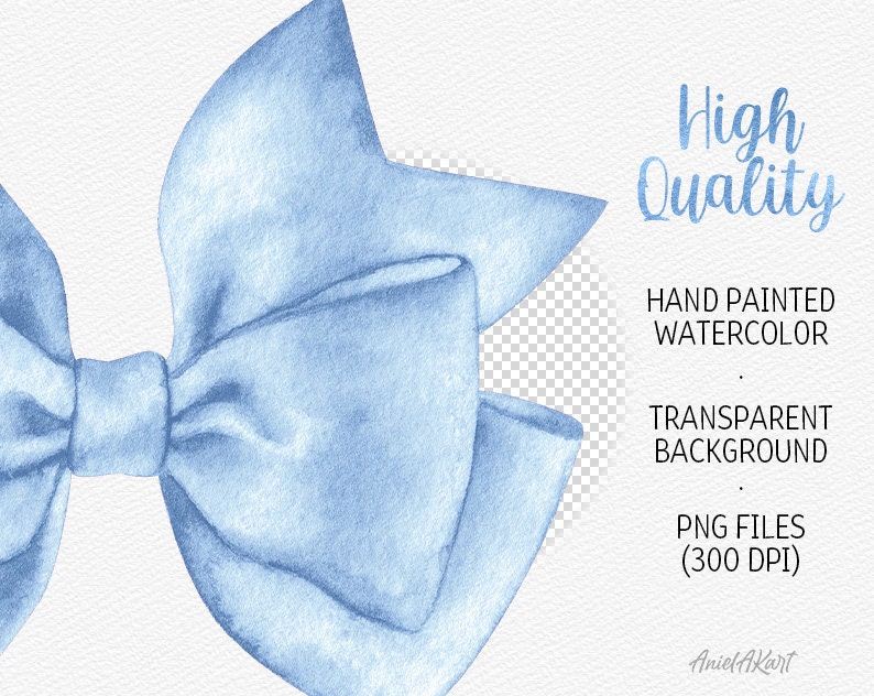 May include: A light blue watercolor bow with a transparent background. The bow is hand-painted and perfect for digital scrapbooking, invitations, and other craft projects.