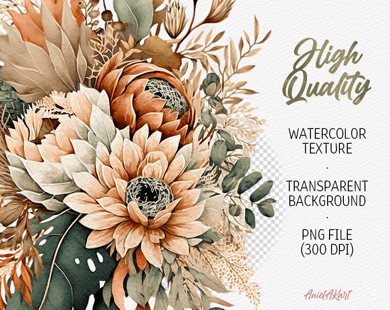 Watercolor Boho Floral Clipart Terracotta Flower Boho Wedding PNG ...