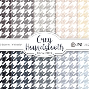 Op de afbeelding: Tien digitale papierontwerpen met een aquarel-hondentandpatroon in verschillende grijstinten, beige en wit. De ontwerpen zijn naadloos en meten 3600x3600 pixels. De tekst "Grey Houndstooth Digital Paper" wordt weergegeven op de afbeelding.