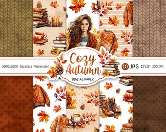 Autumn Digital Paper Pack Cozy Fall Seamless Pattern Watercolor Printable Scrapbooking Paper Fall Leaves Background Sweater Texture Download