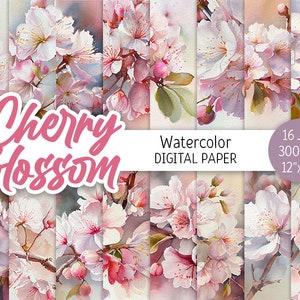 Acuarela flor de cerezo paquete de papel Digital rosa japonés Sakura Bloom imprimible Scrapbooking papel primavera floral flor fondo bebé